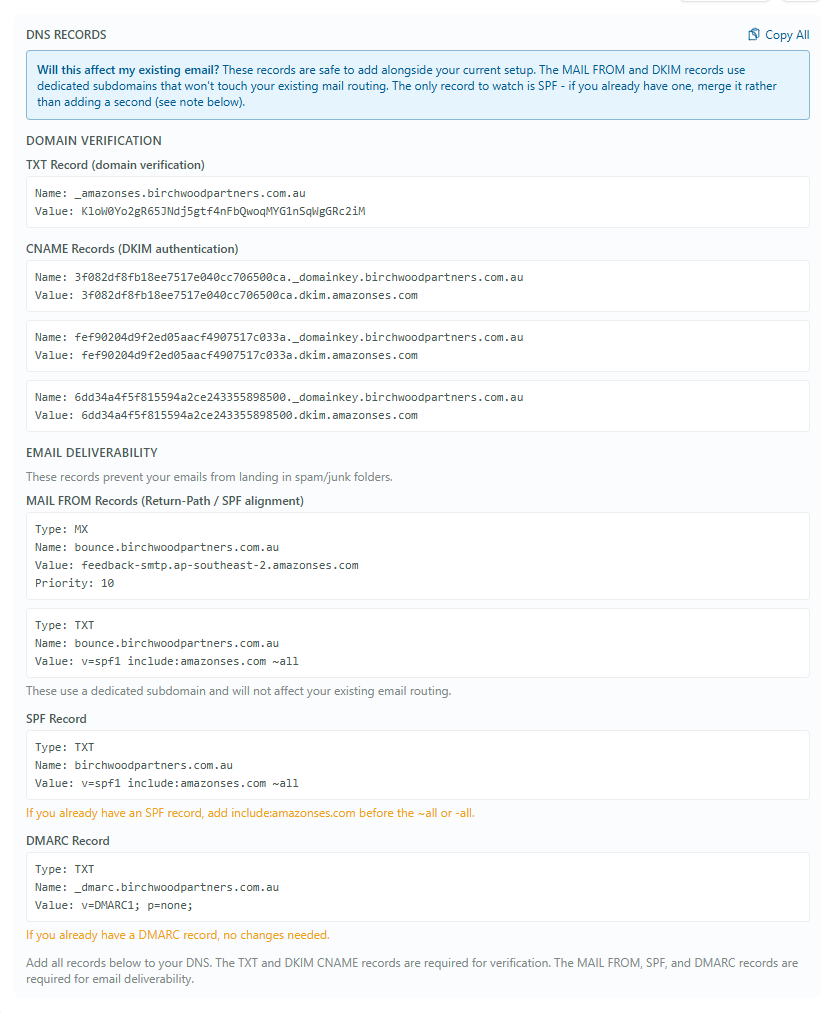 DNS Records panel listing the TXT, CNAME DKIM, MAIL FROM and DMARC records