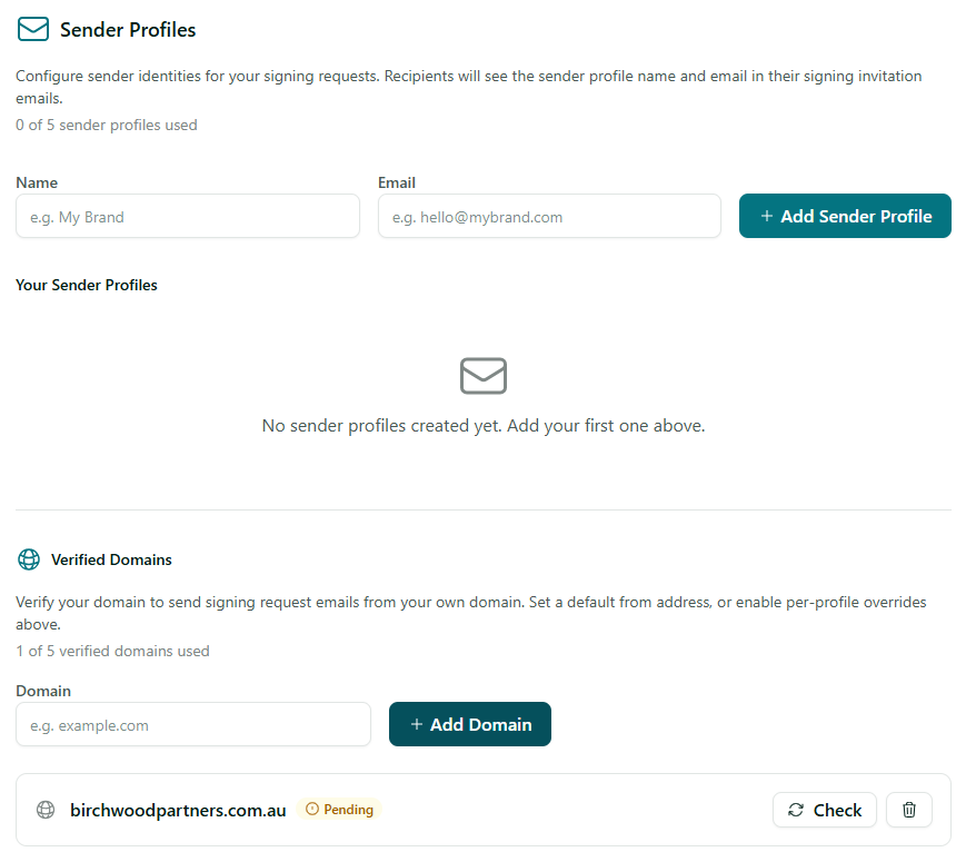 Sender Profiles settings with the Verified Domains section in view