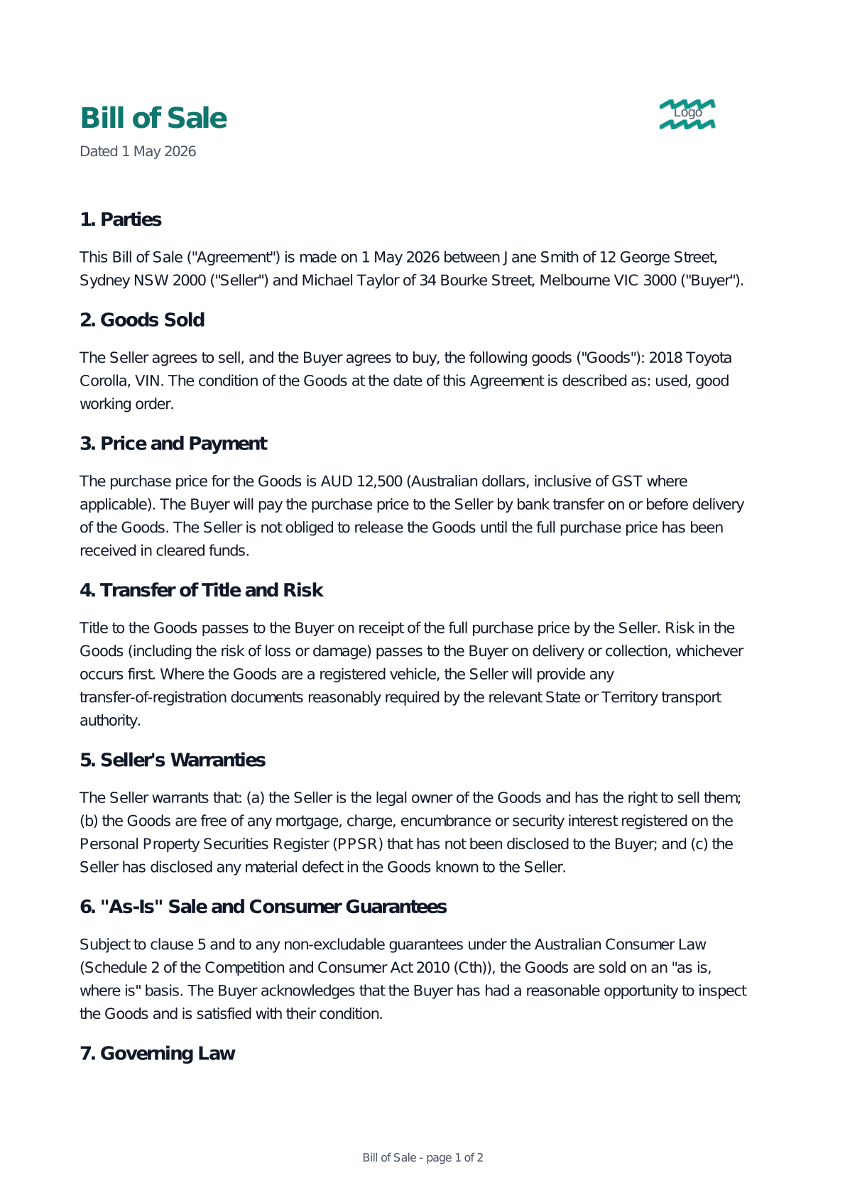 Preview of the Bill of Sale template