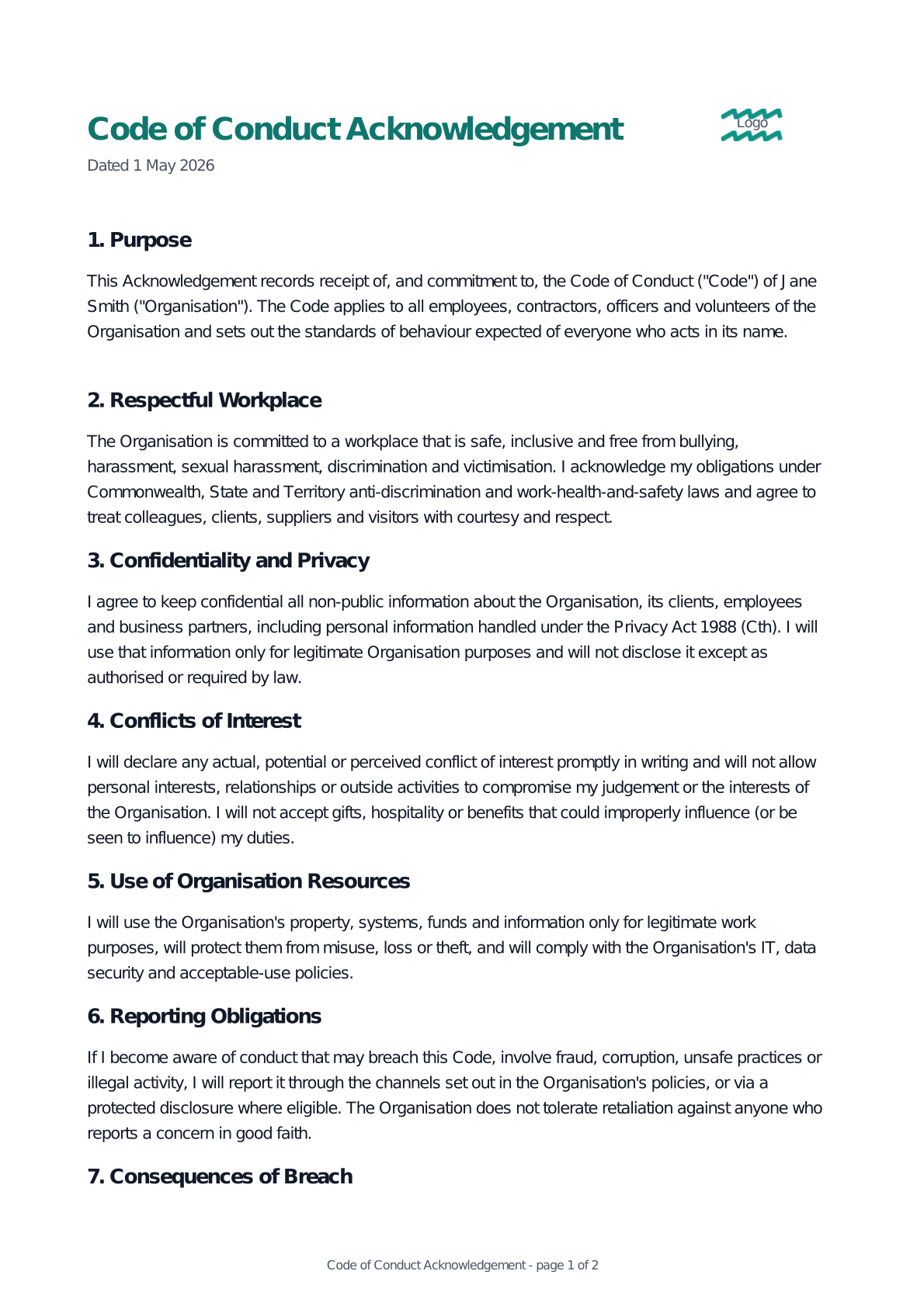 Preview of the Code of Conduct Acknowledgement template