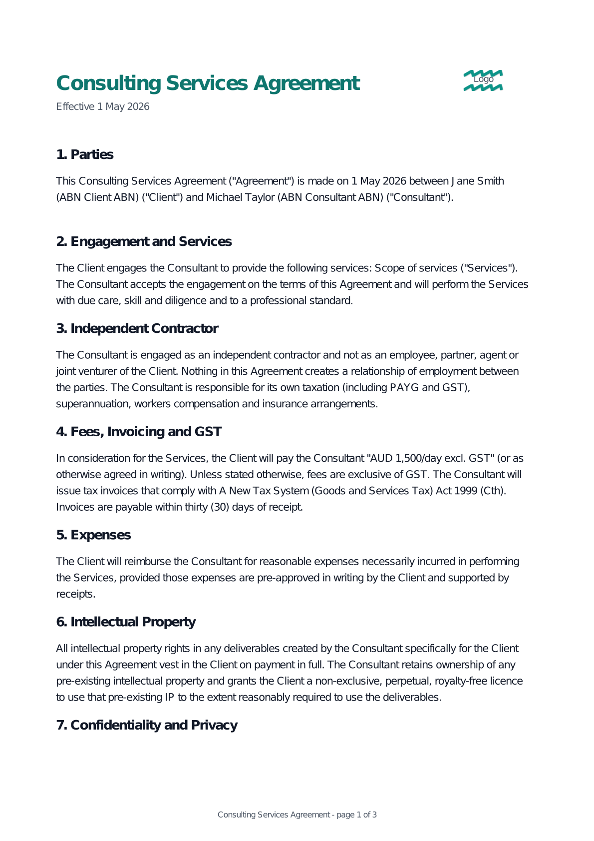 Preview of the Consulting Services Agreement template