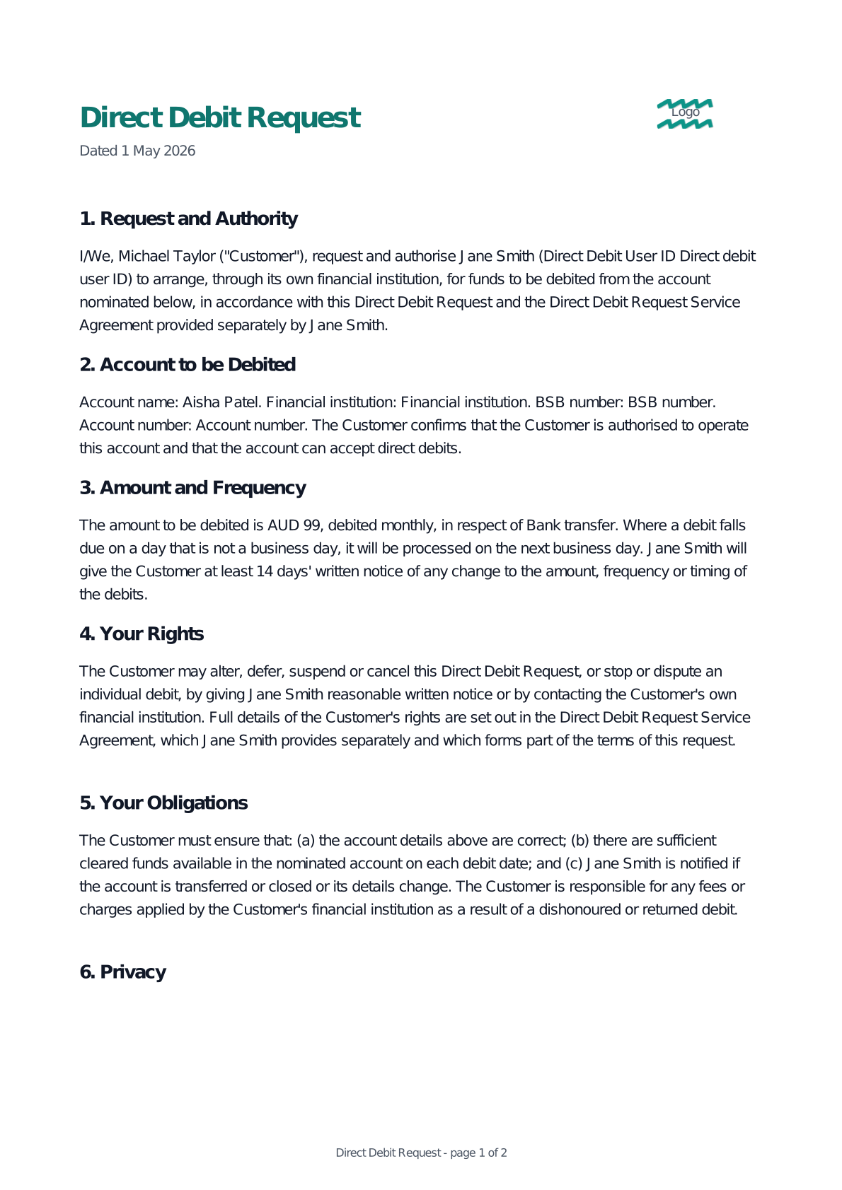 Preview of the Direct Debit Request template