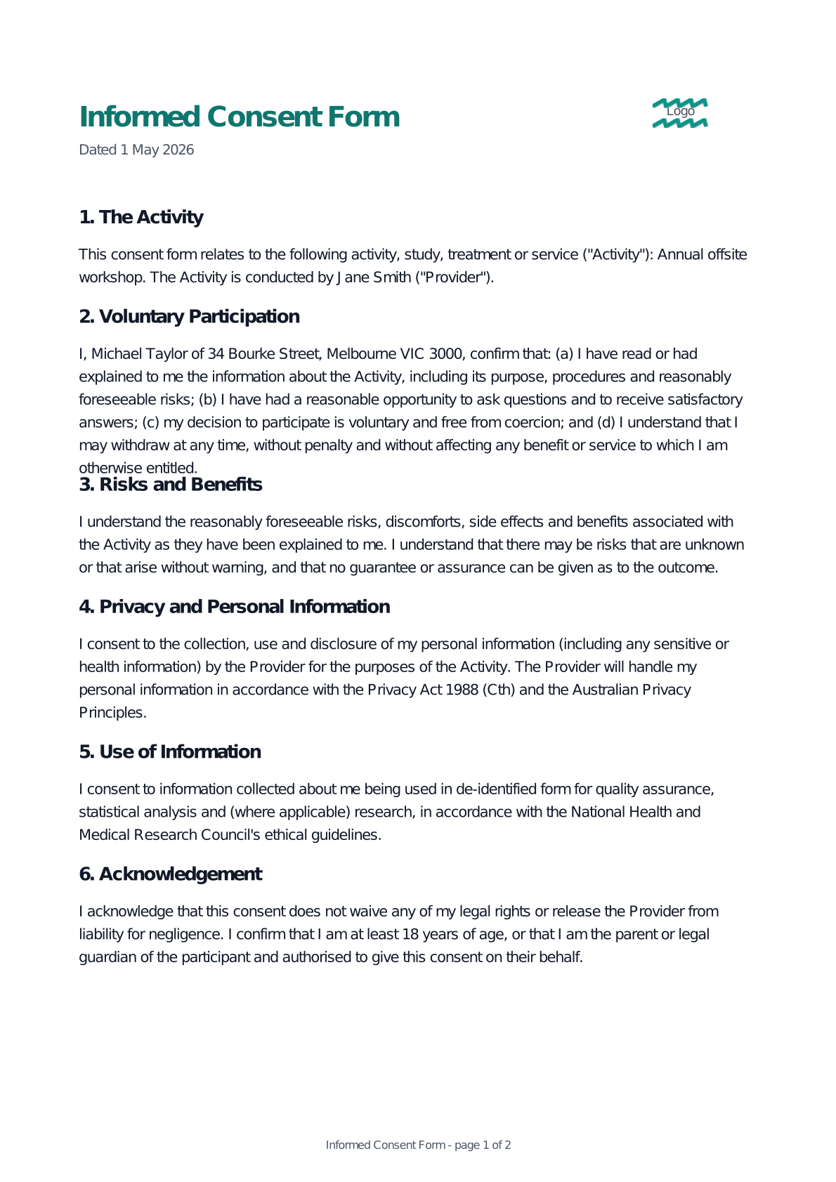 Preview of the Informed Consent Form template