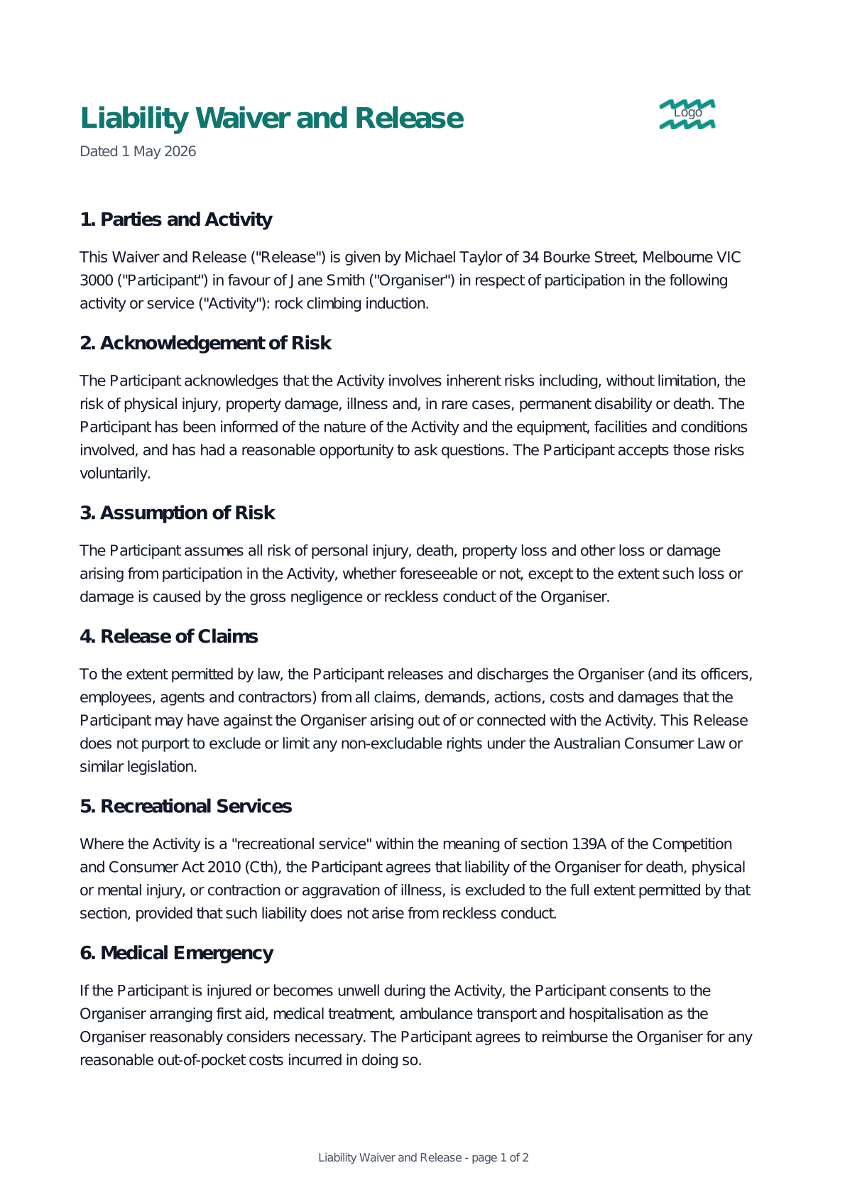 Preview of the Liability Waiver and Release template
