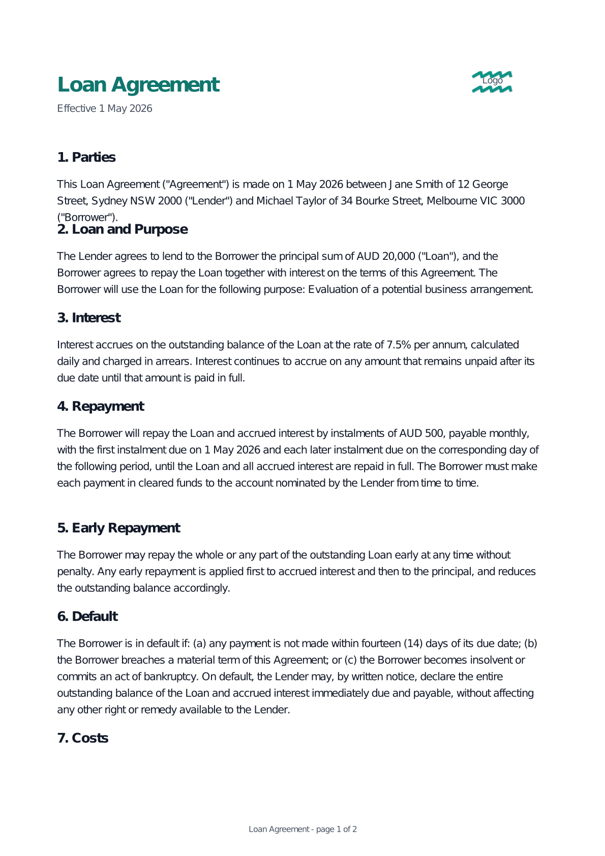 Preview of the Loan Agreement template