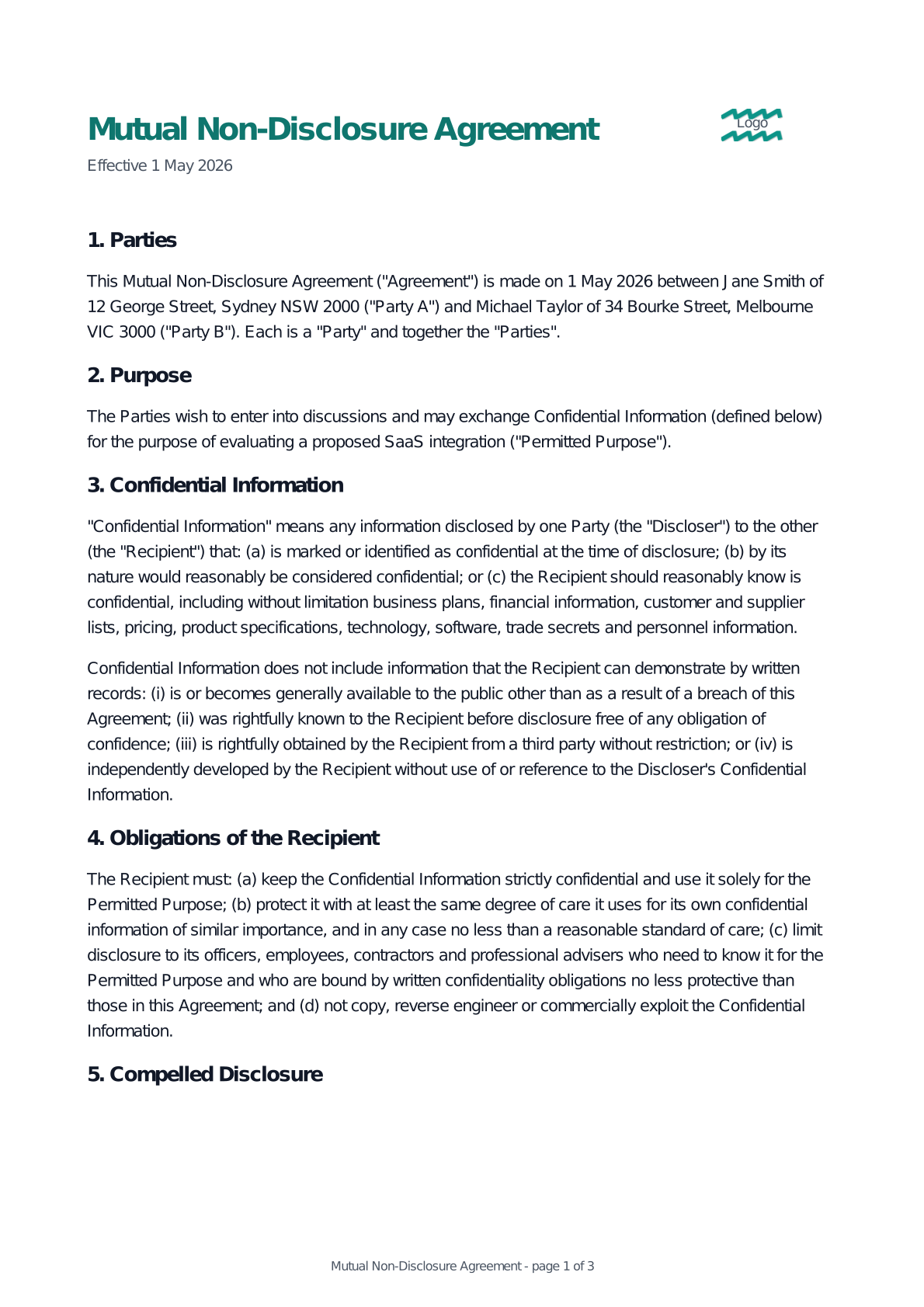 Preview of the Mutual Non-Disclosure Agreement template