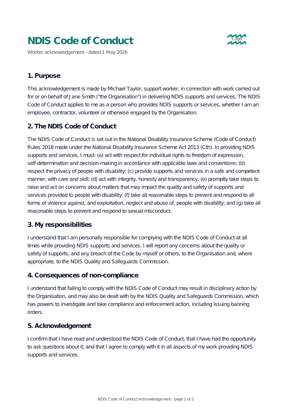 Preview of the NDIS Code of Conduct Acknowledgement template