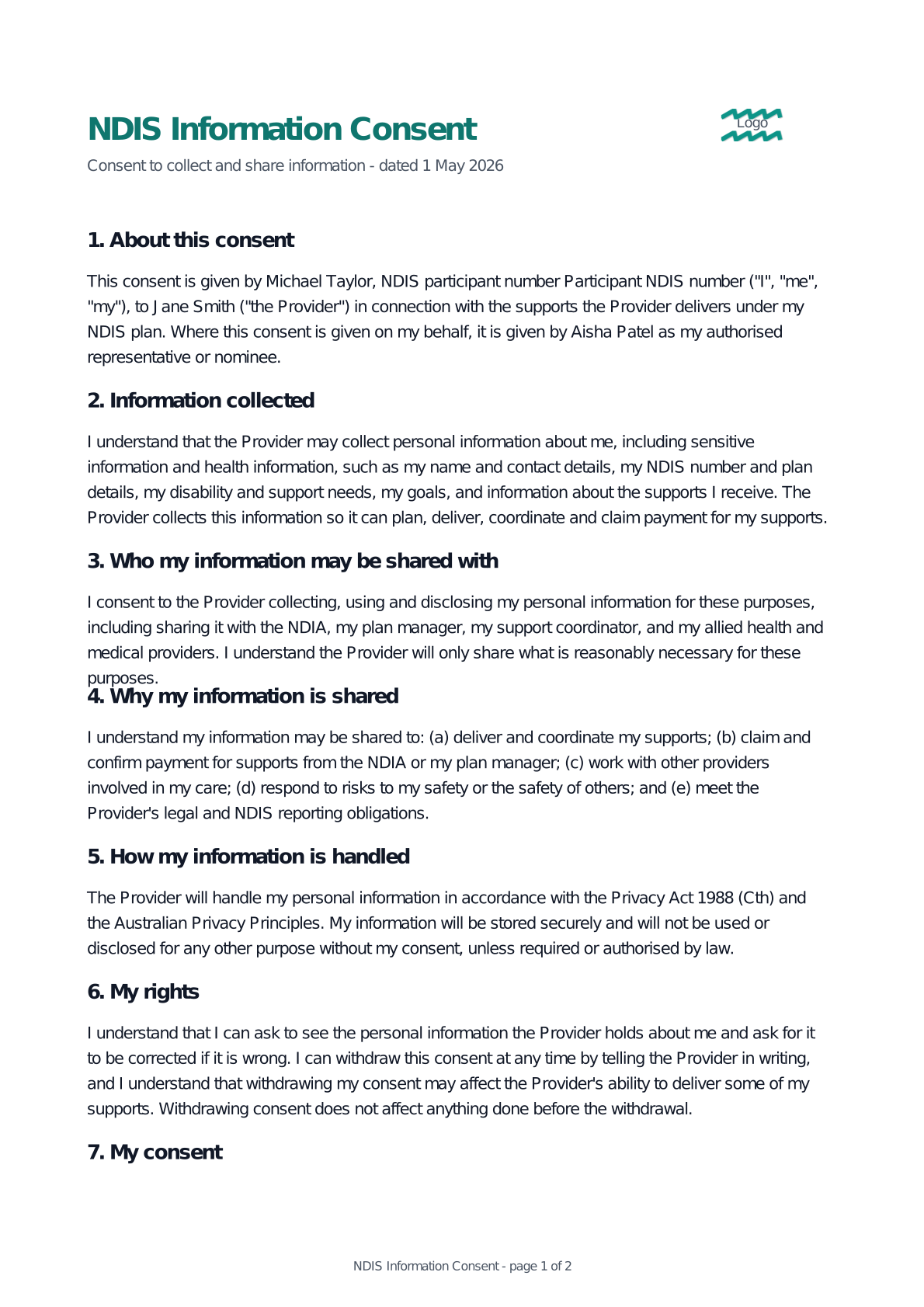 Preview of the NDIS Consent to Collect and Share Information template