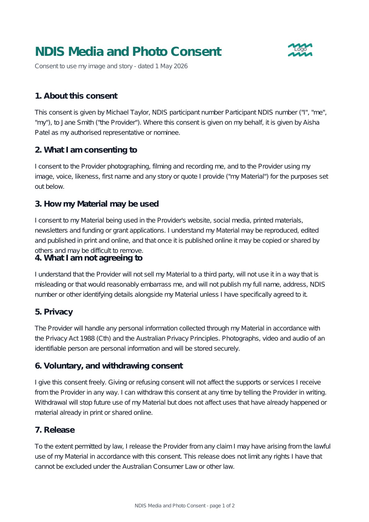 Preview of the NDIS Media and Photo Consent template