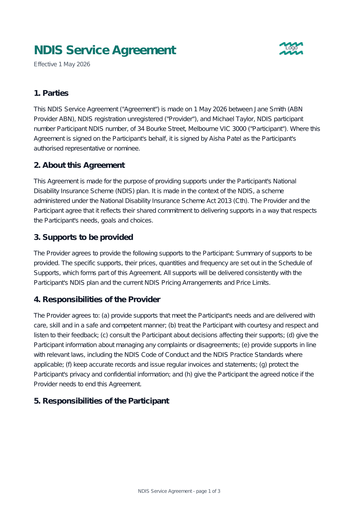 Preview of the NDIS Service Agreement template