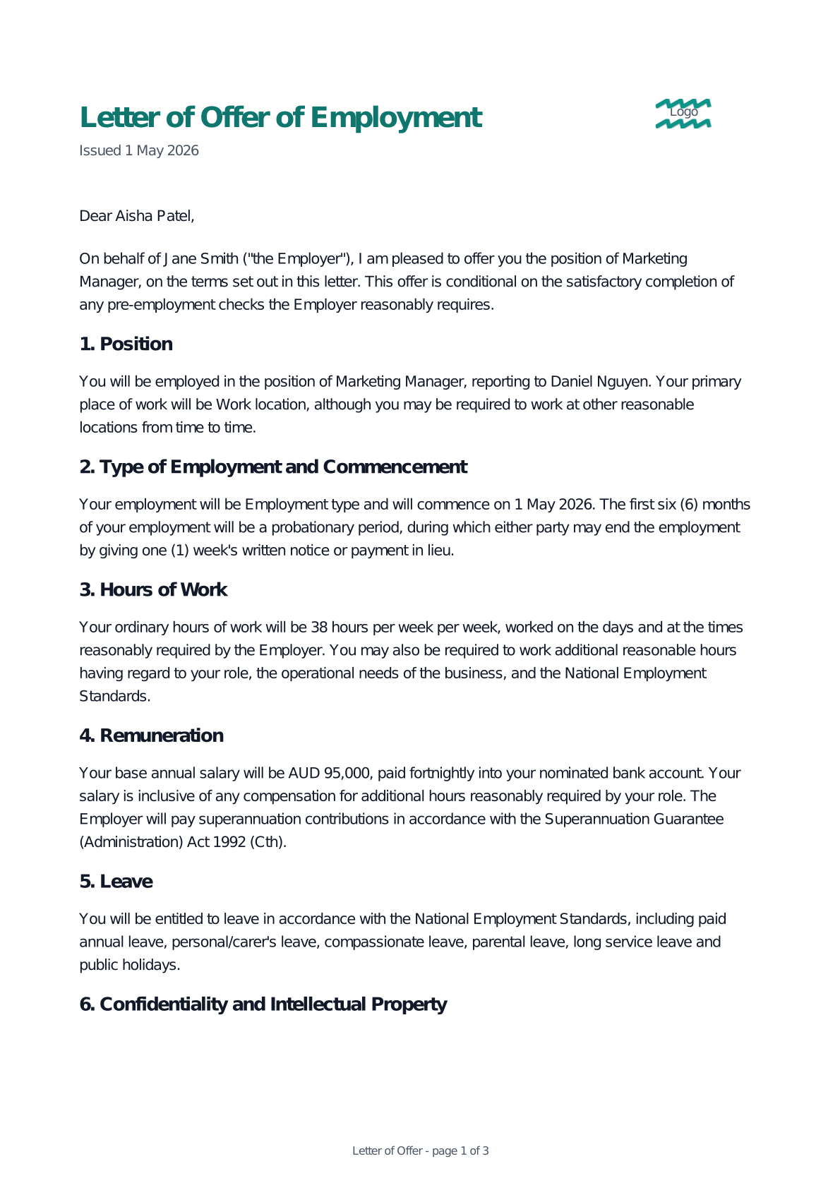 Preview of the Letter of Offer of Employment template