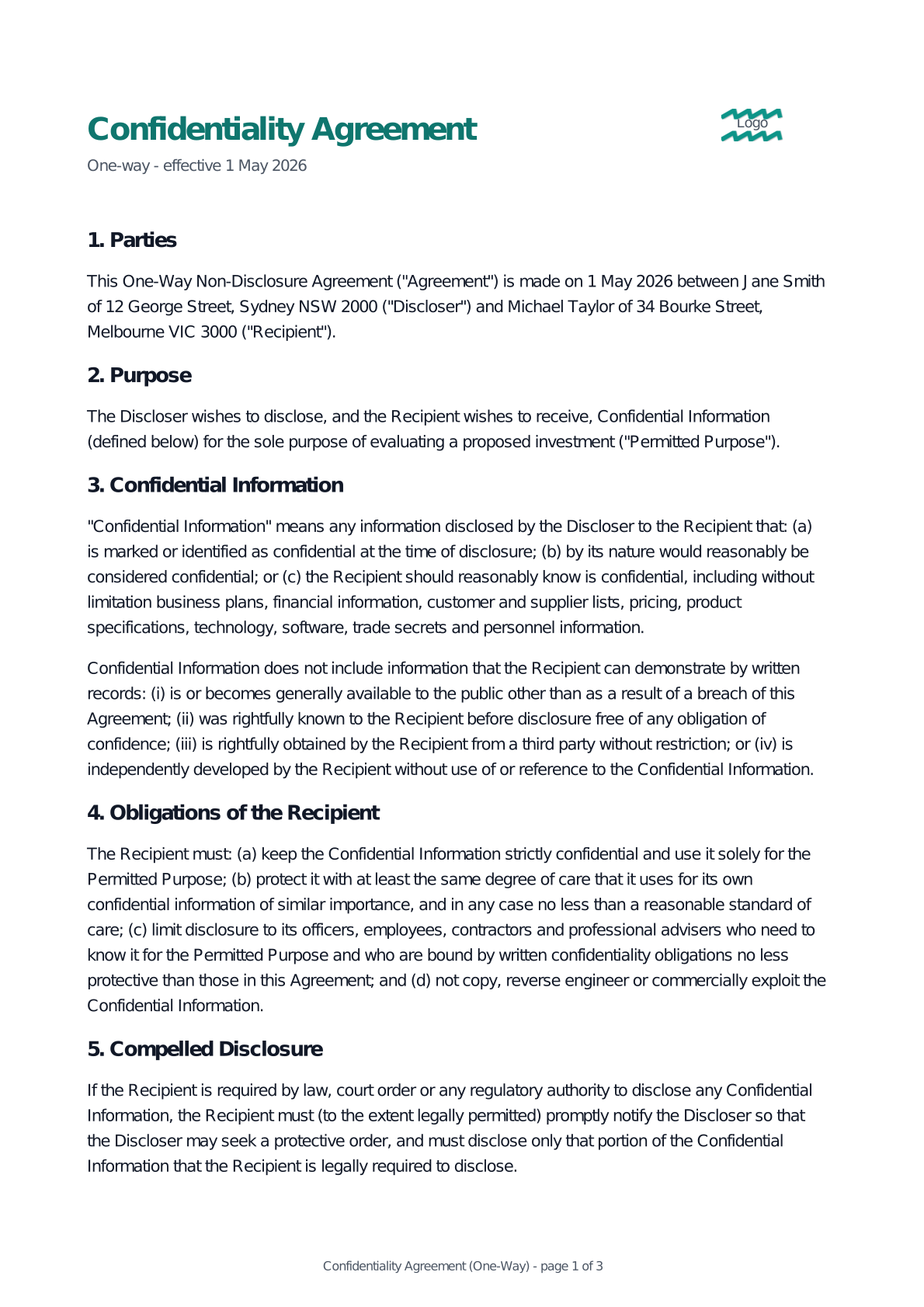 Preview of the One-Way Non-Disclosure Agreement template