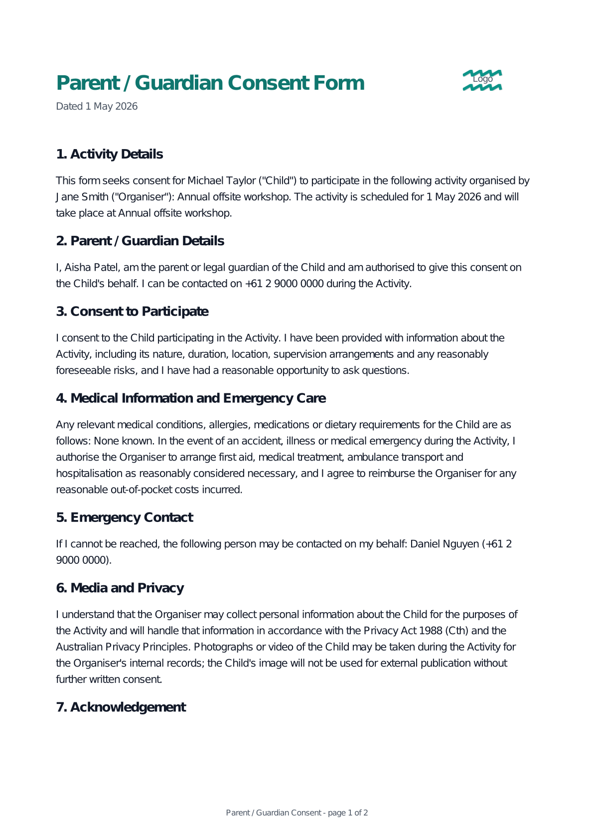 Preview of the Parent / Guardian Consent template