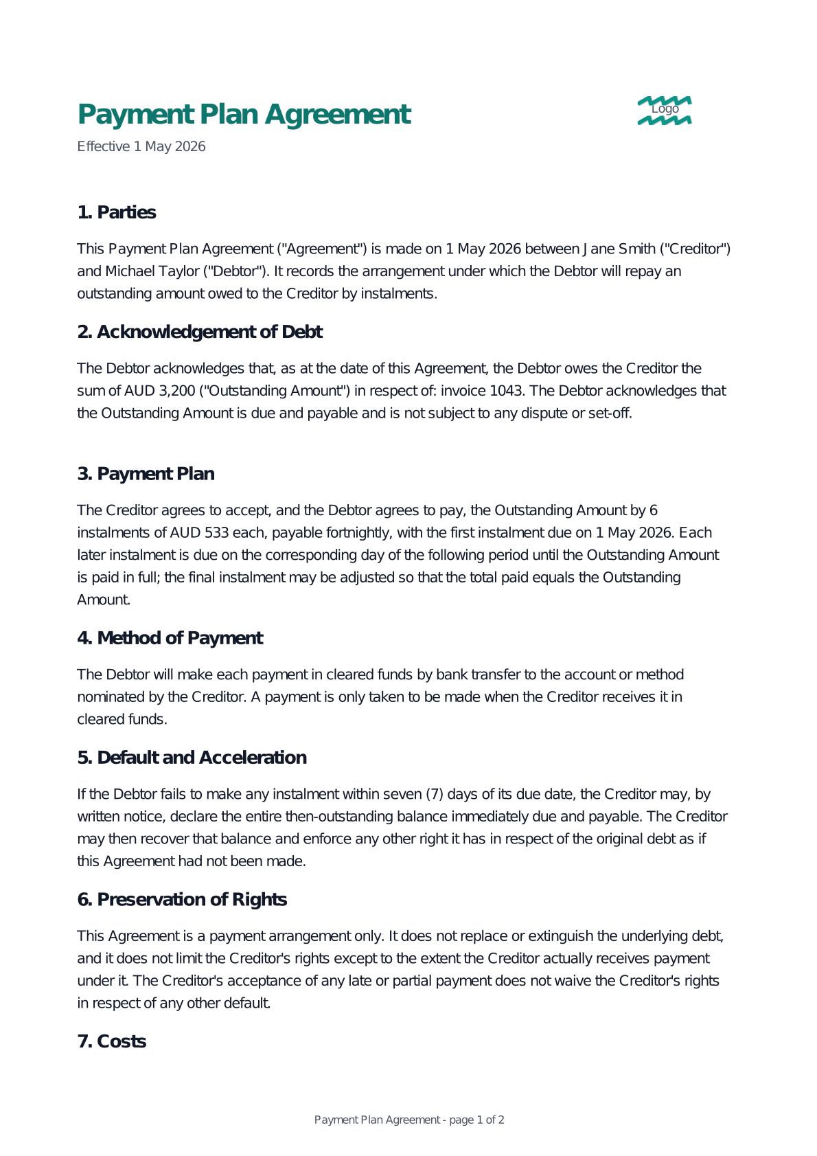 Preview of the Payment Plan Agreement template