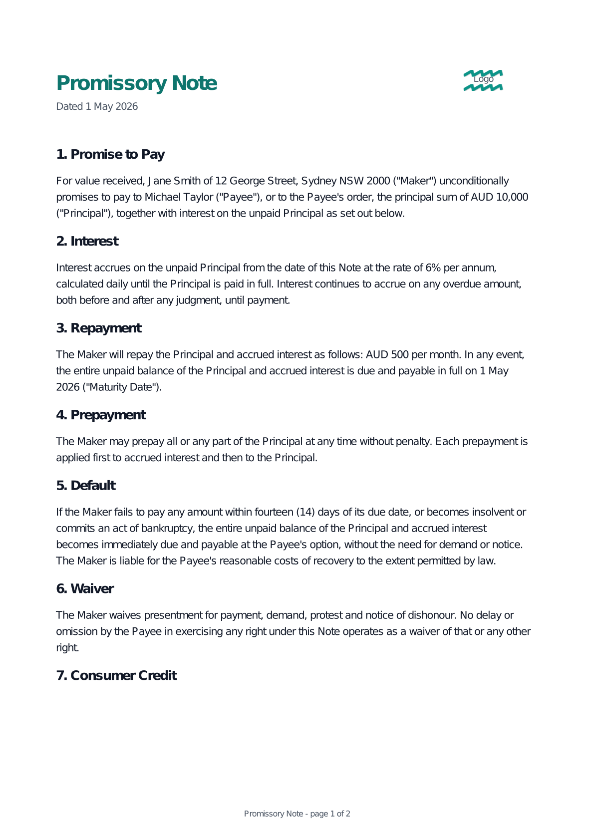 Preview of the Promissory Note template