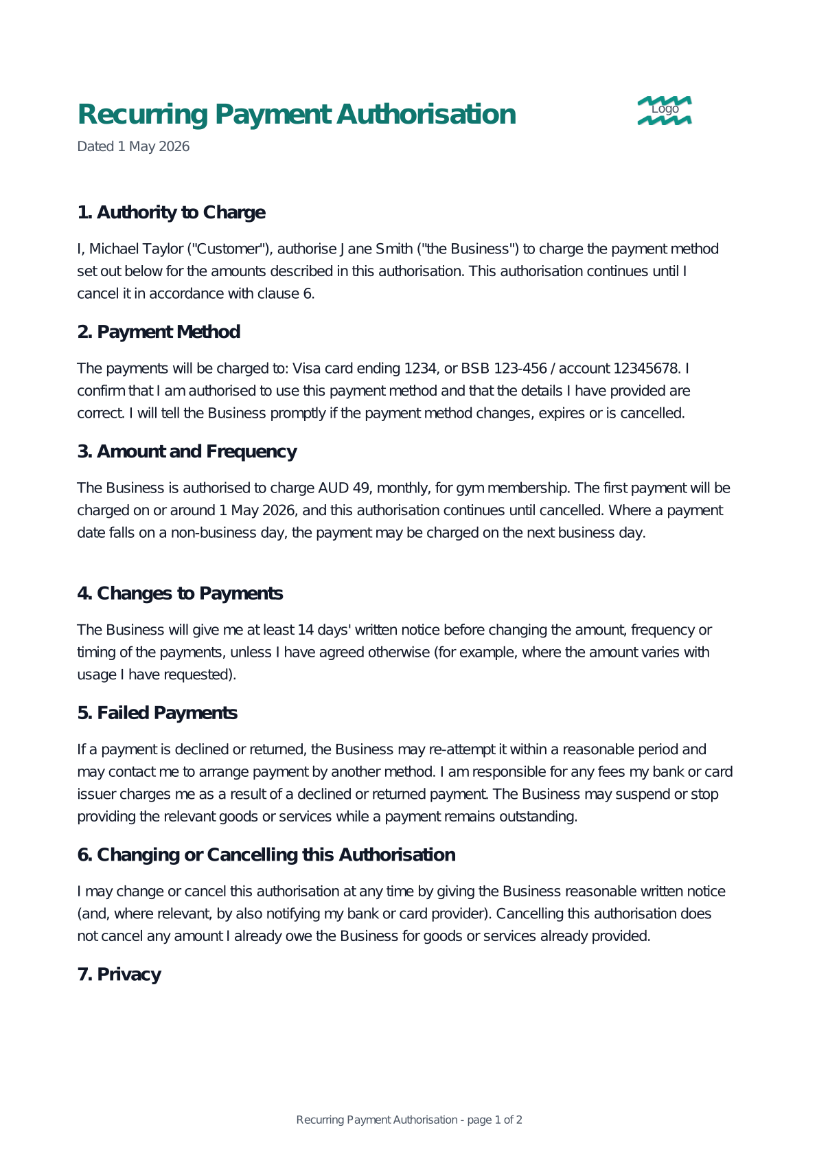 Preview of the Recurring Payment Authorisation template