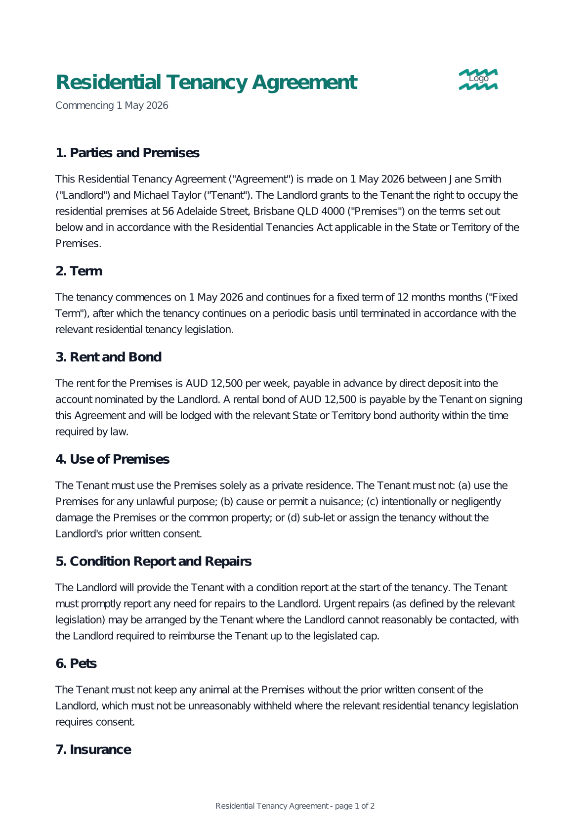 Preview of the Residential Tenancy Agreement template